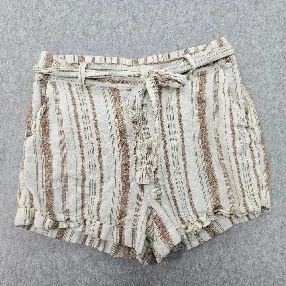 Byron Bay Beach Short Linen Blend Belted Pockets Tan‎ and Cream Womens Small